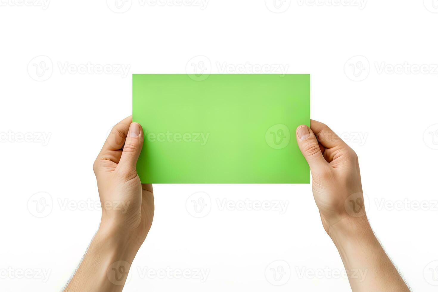 A human hand holding a blank sheet of green paper or card isolated on a white background. ai generated photo