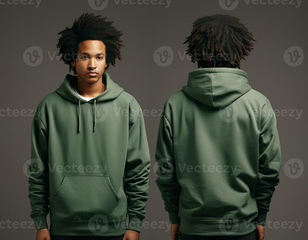 Front and back view of a green hoodie mockup for design print. ai generated photo