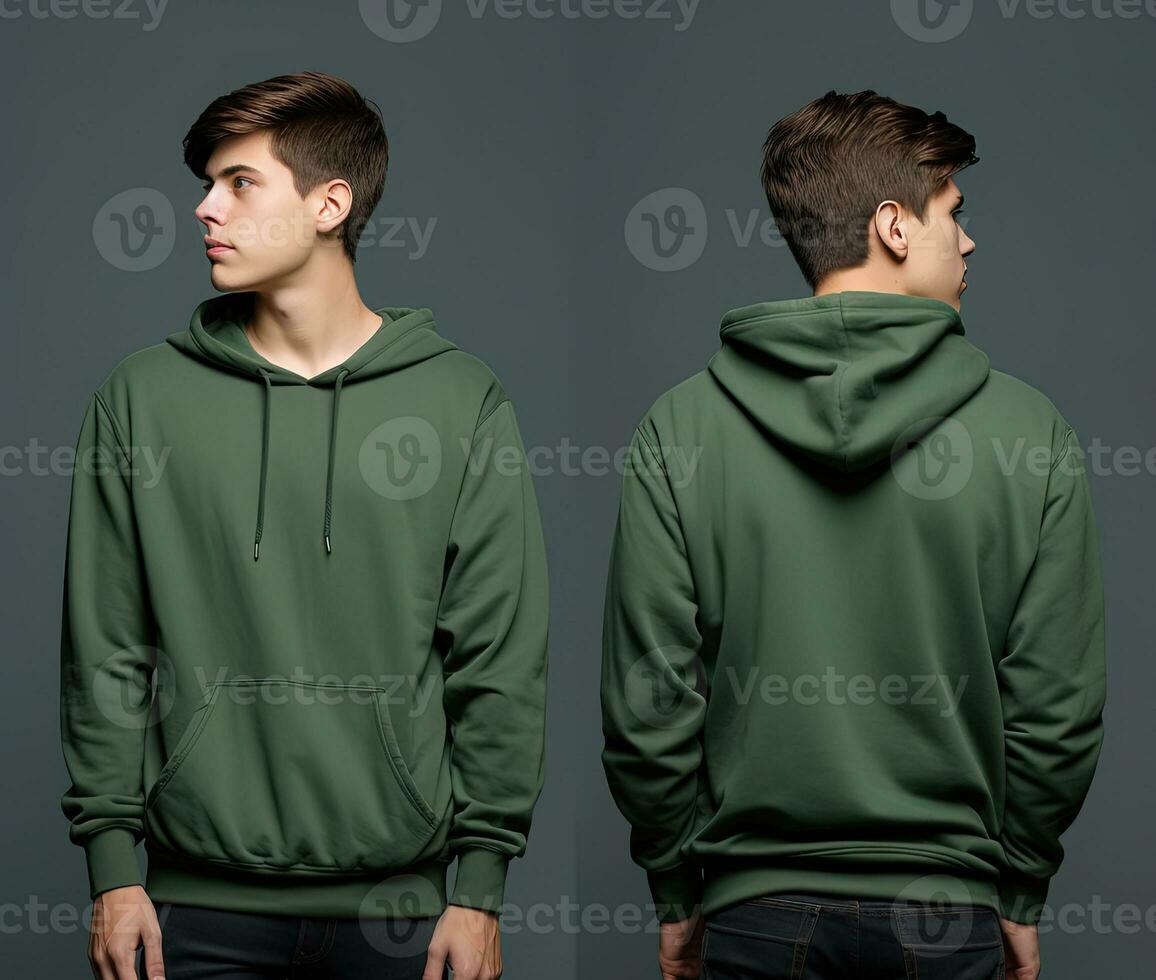 Front and back view of a green hoodie mockup for design print. ai generated photo
