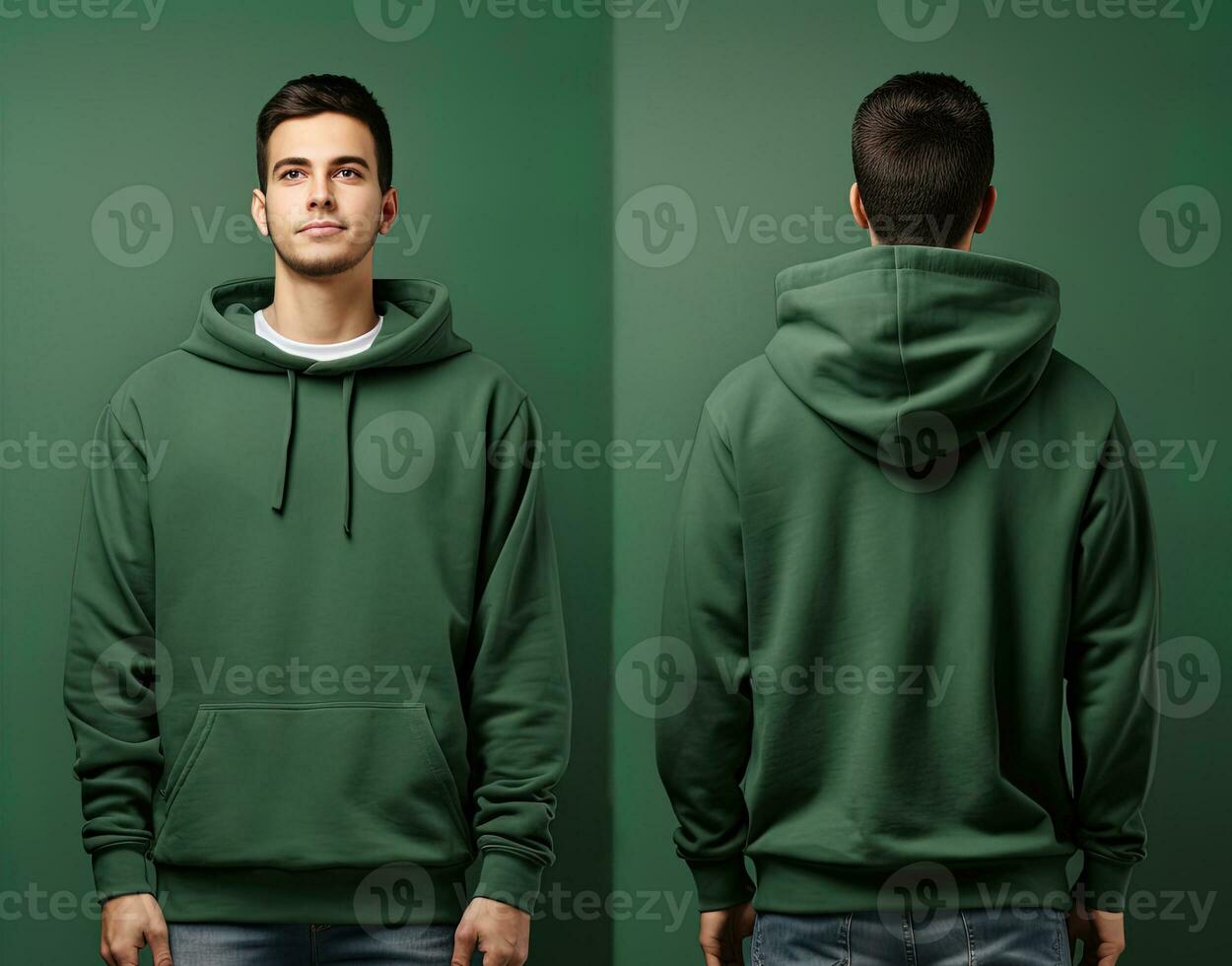 Front and back view of a green hoodie mockup for design print. ai generated photo