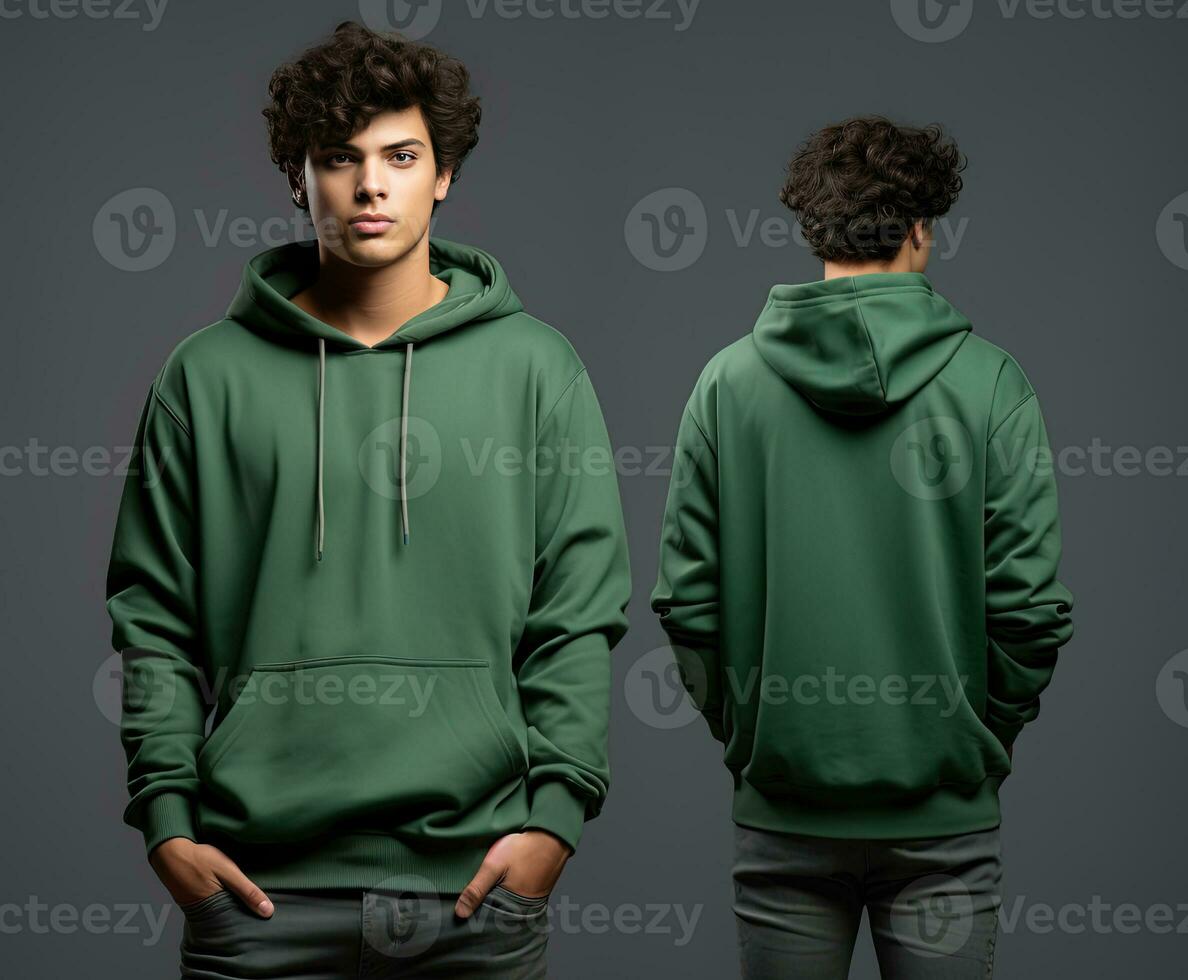 Front and back view of a green hoodie mockup for design print. ai generated photo