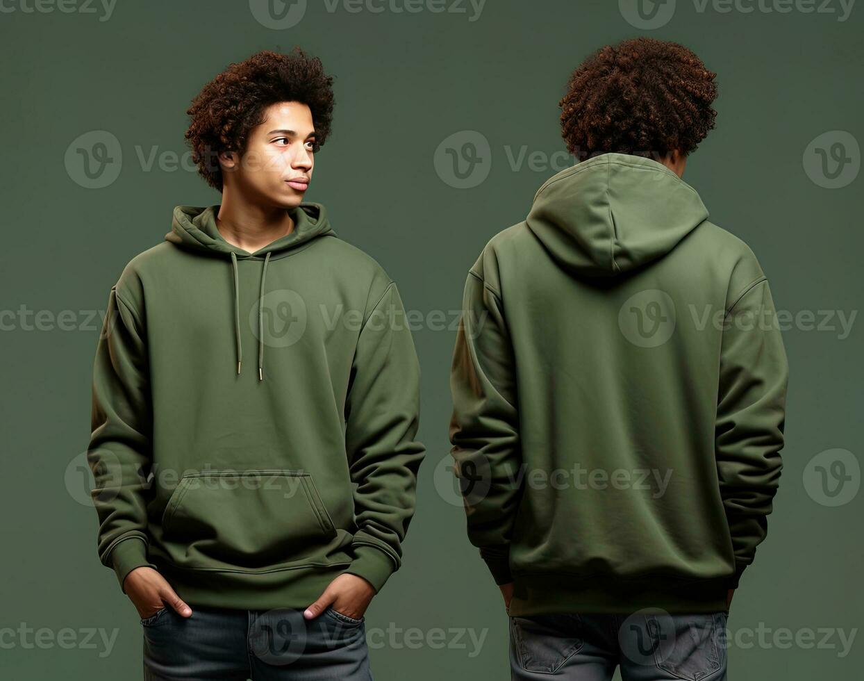 Front and back view of a green hoodie mockup for design print. ai generated photo