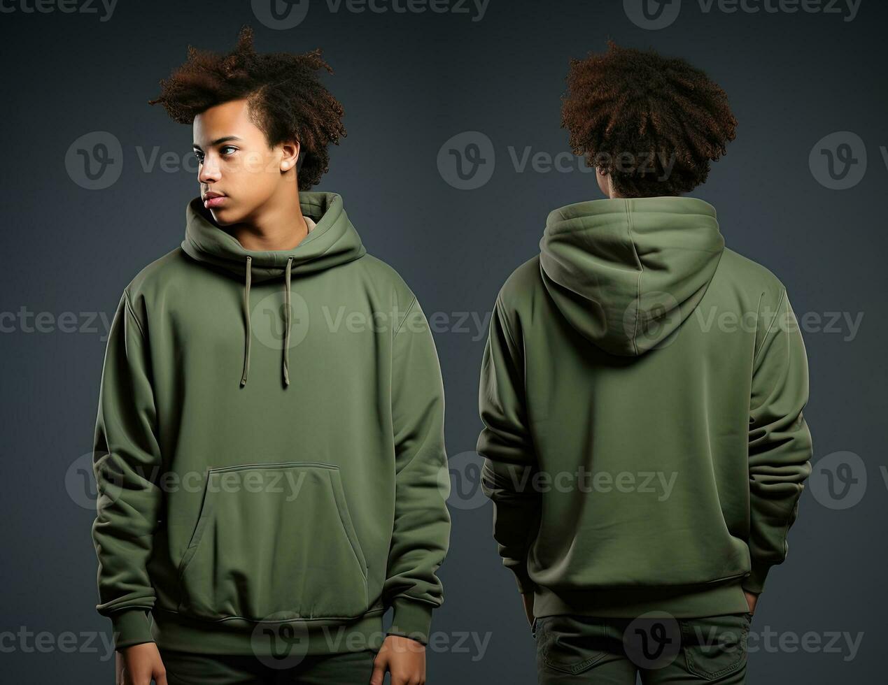 Front and back view of a green hoodie mockup for design print. ai generated photo