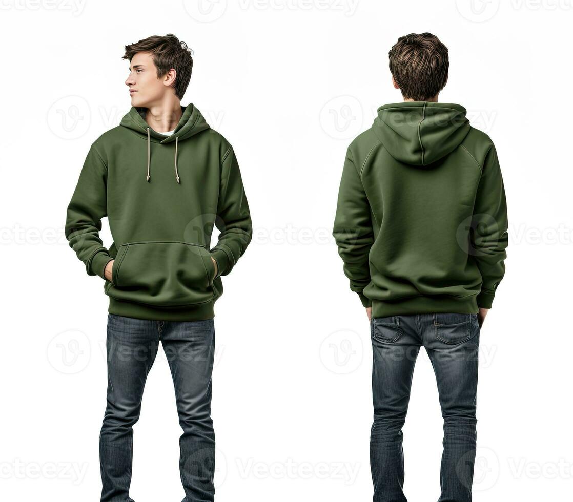 Front and back view of a green hoodie mockup for design print. ai generated photo