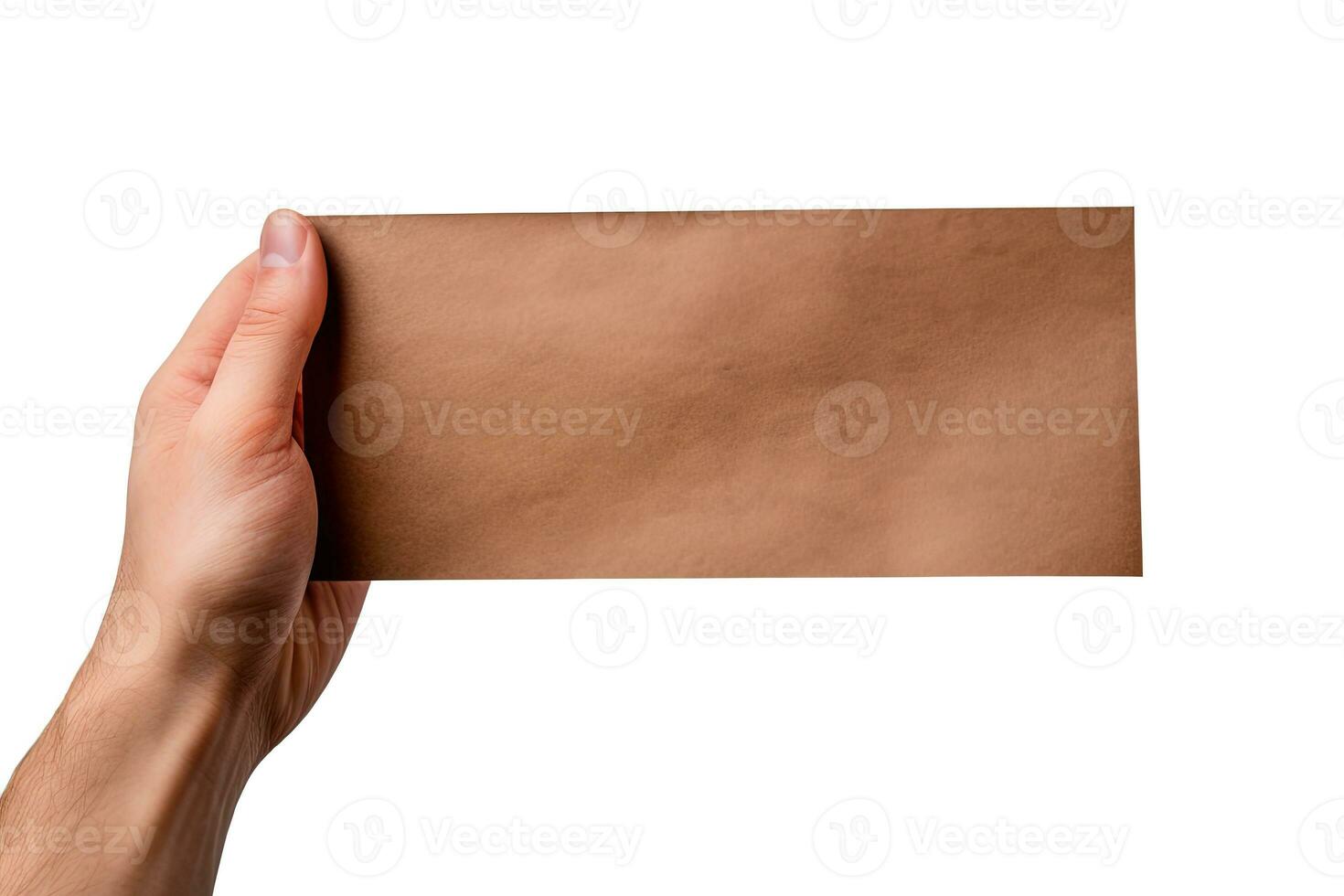 A human hand holding a blank sheet of brown paper or card isolated on a white background. ai generated photo