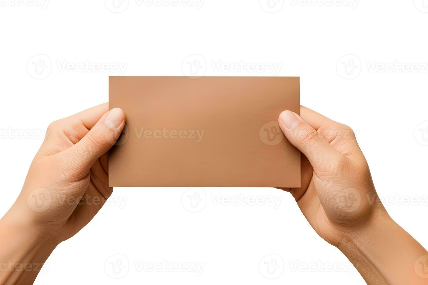 A human hand holding a blank sheet of brown paper or card isolated on a white background. ai generated photo