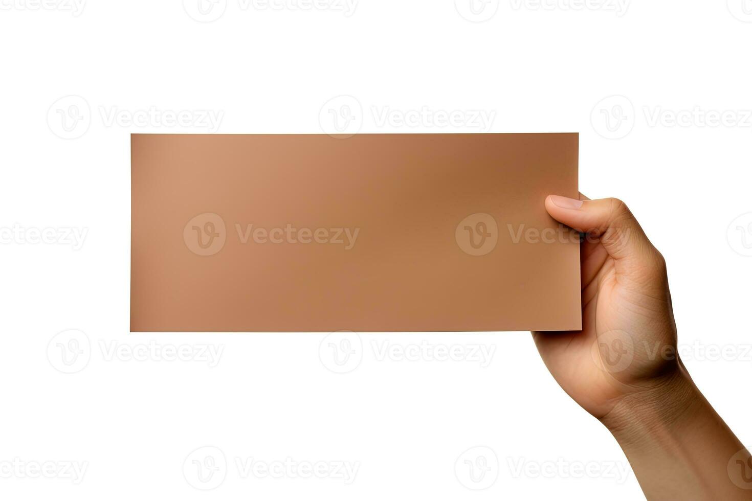 A human hand holding a blank sheet of brown paper or card isolated on a white background. ai generated photo