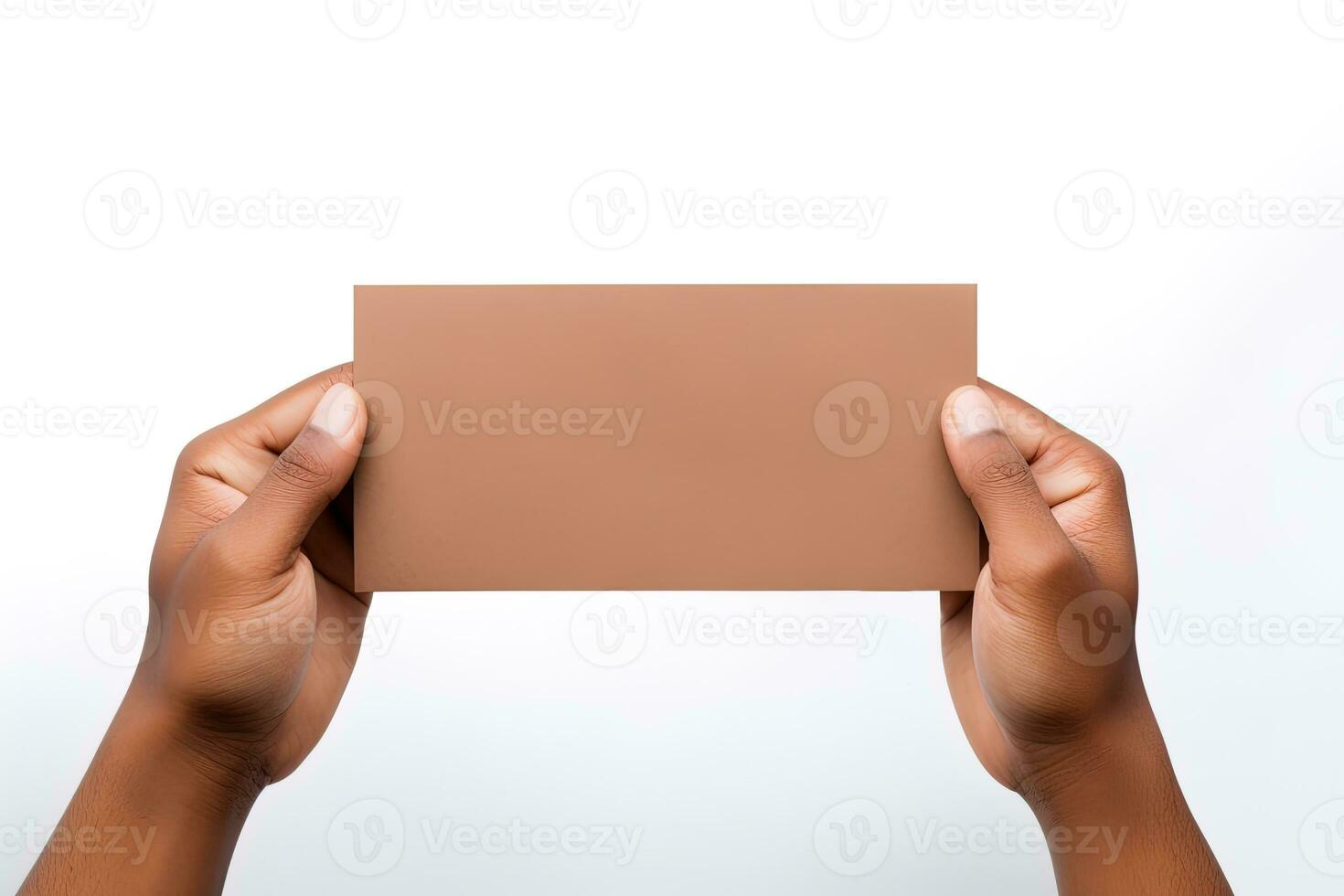 A human hand holding a blank sheet of brown paper or card isolated on a white background. ai generated photo