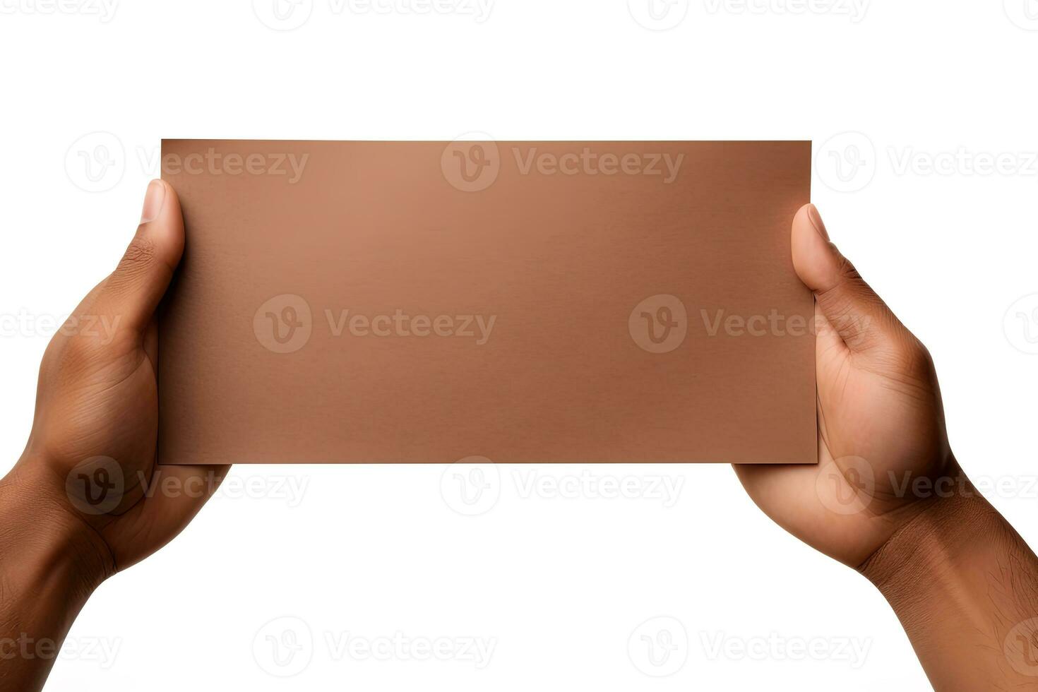 A human hand holding a blank sheet of brown paper or card isolated on a white background. ai generated photo