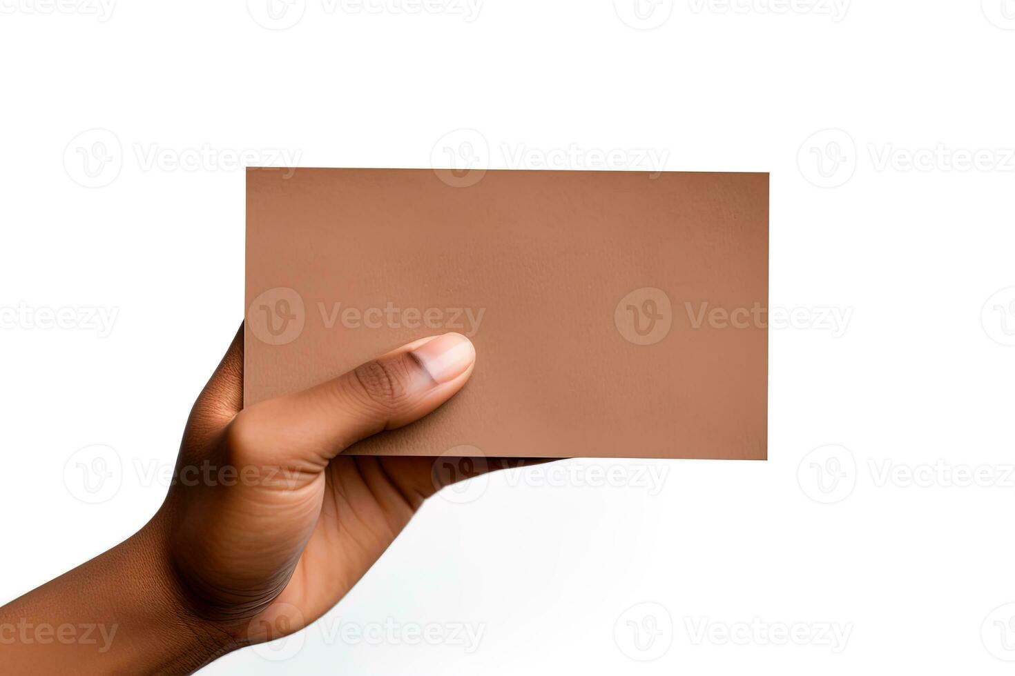 A human hand holding a blank sheet of brown paper or card isolated on a white background. ai generated photo