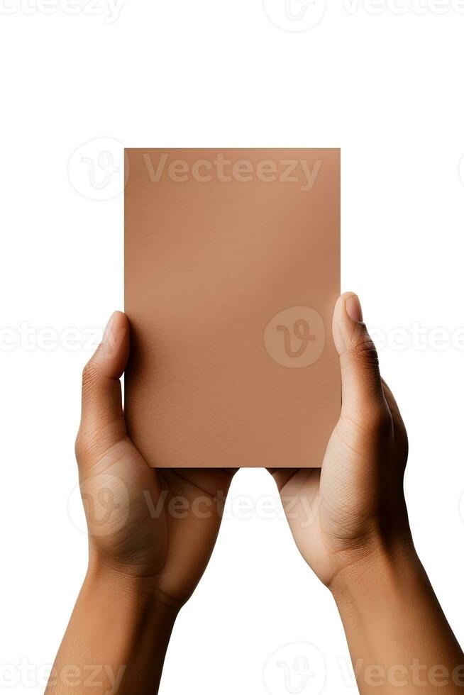 A human hand holding a blank sheet of brown paper or card isolated on a white background. ai generated photo