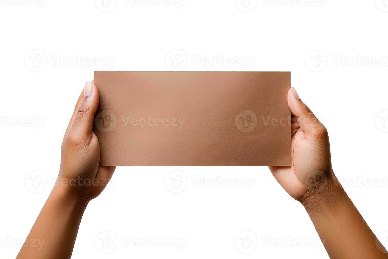 A human hand holding a blank sheet of brown paper or card isolated on a white background. ai generated photo