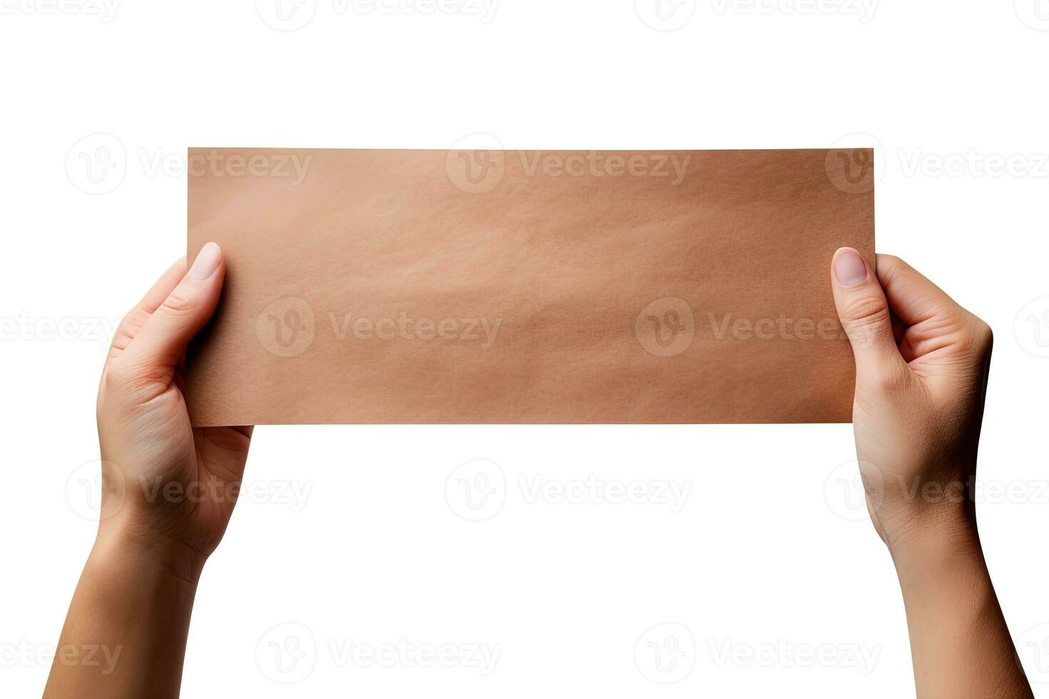 A human hand holding a blank sheet of brown paper or card isolated on a white background. ai generated photo