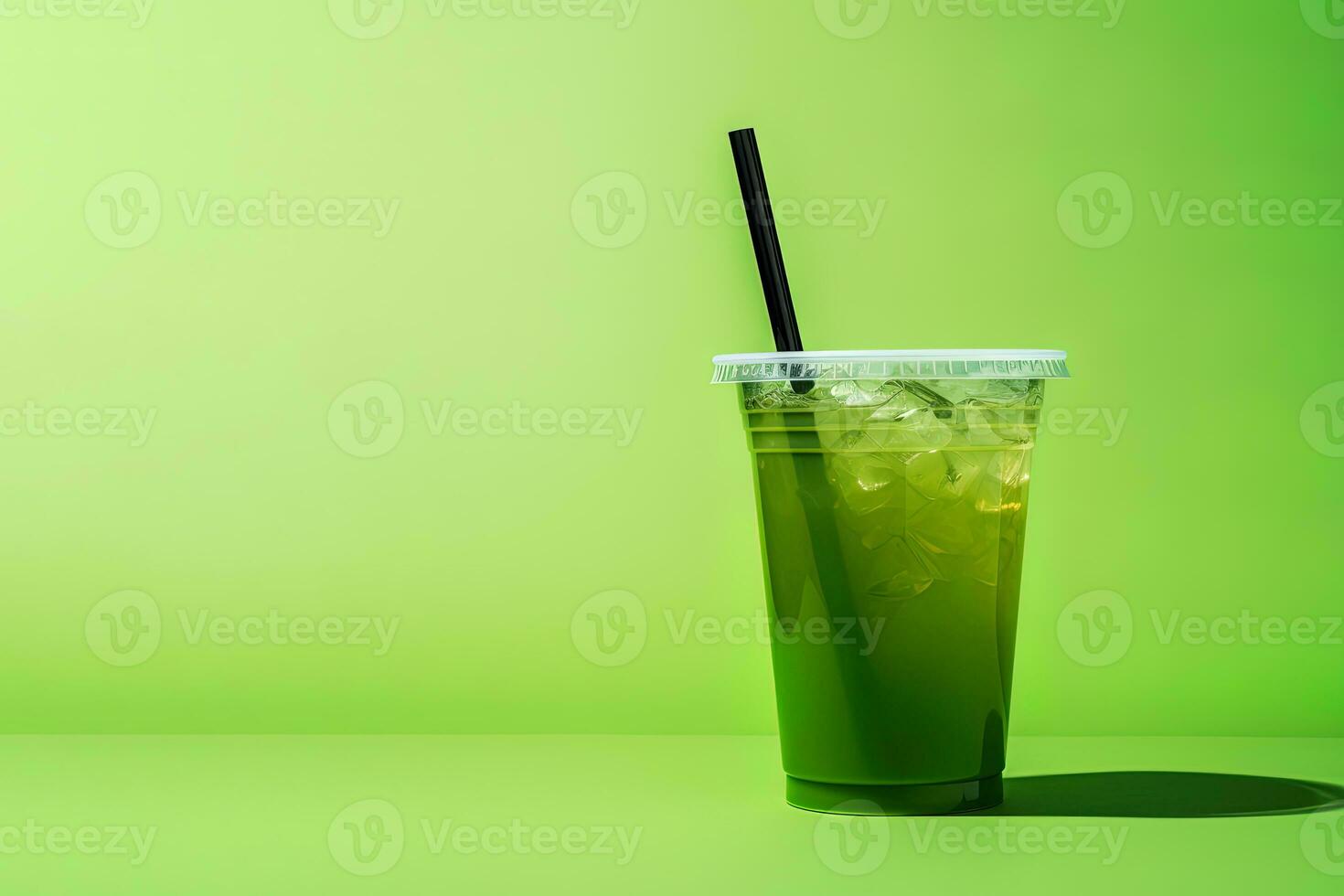 Green drink in a plastic cup isolated on a green background. Take away drinks concept with copy space. ai generated photo