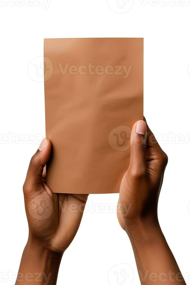 A human hand holding a blank sheet of brown paper or card isolated on a white background. ai generated photo
