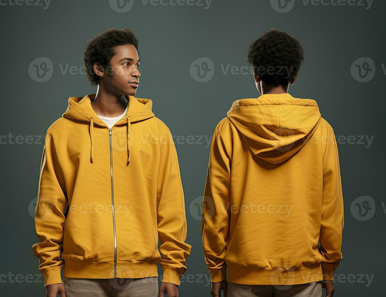 Front and back view of a yellow hoodie mockup for design print. ai generated photo