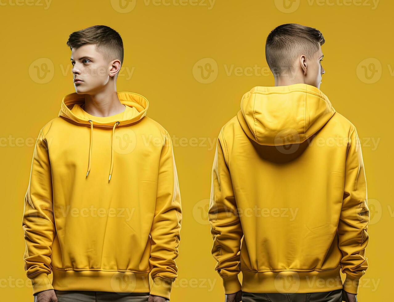 Front and back view of a yellow hoodie mockup for design print. ai generated photo