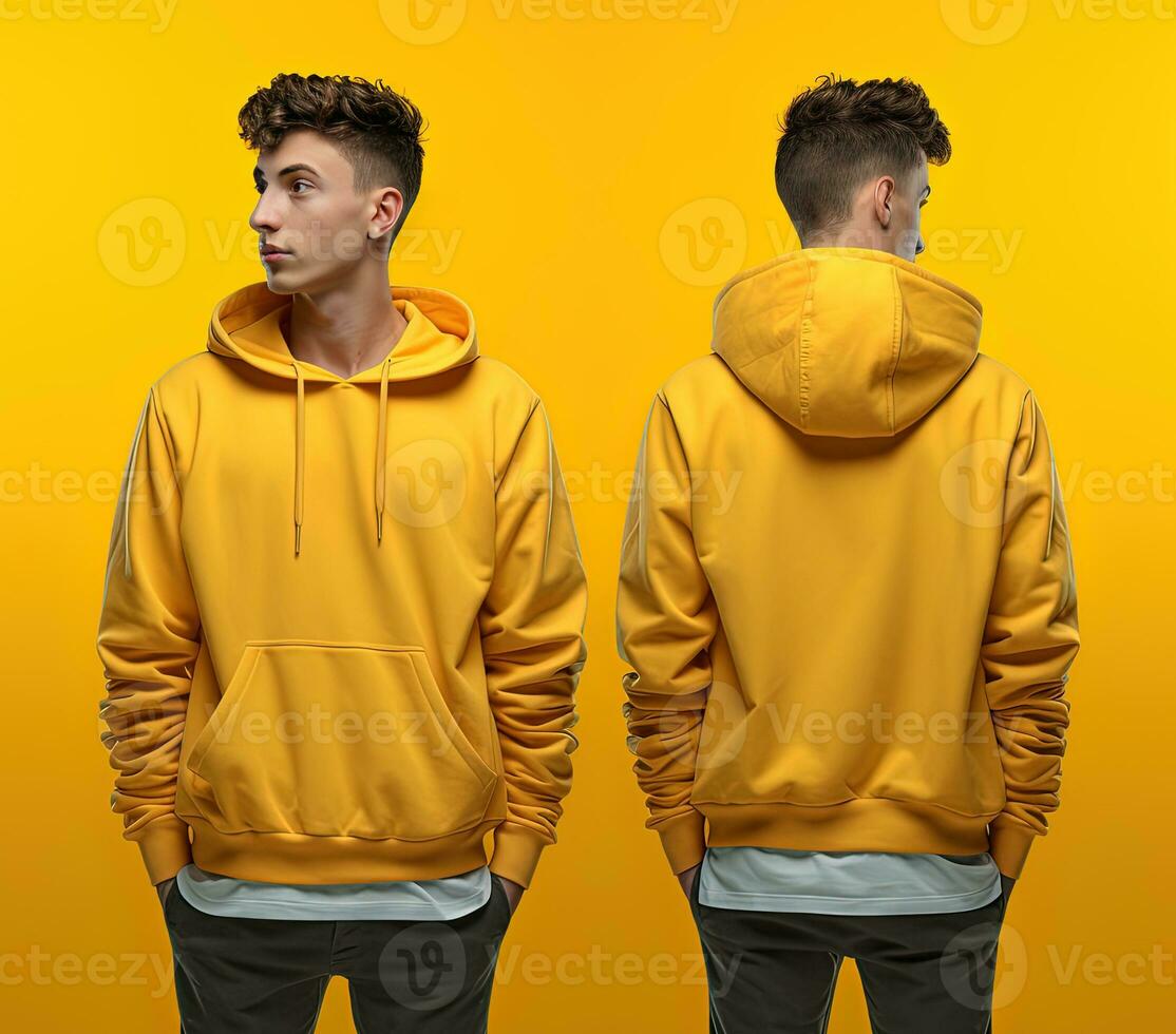 Front and back view of a yellow hoodie mockup for design print. ai generated 30554337 Stock Photo at Vecteezy
