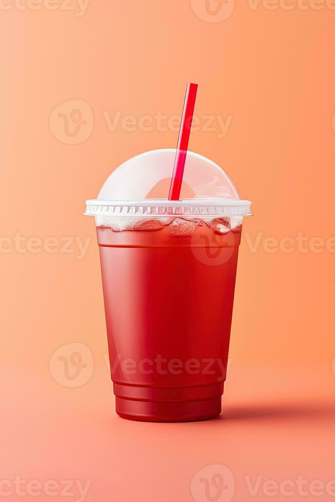 Red drink in a plastic cup isolated on a red pastel background. Take away drinks concept. ai generated photo