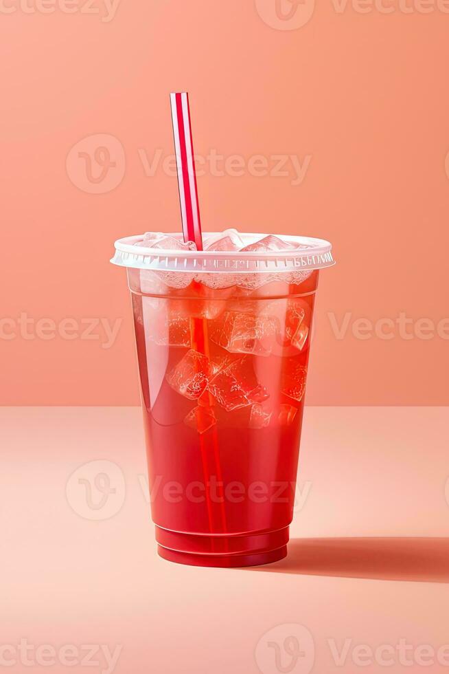 Red drink in a plastic cup isolated on a red pastel background. Take away drinks concept. ai generated photo