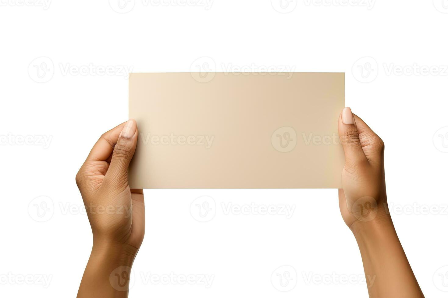 A human hand holding a blank sheet of beige paper or card isolated on a white background. ai generated photo