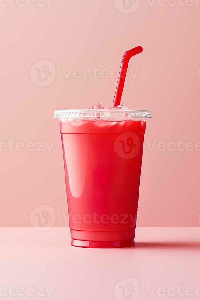 Red drink in a plastic cup isolated on a red pastel background. Take away drinks concept. ai generated photo