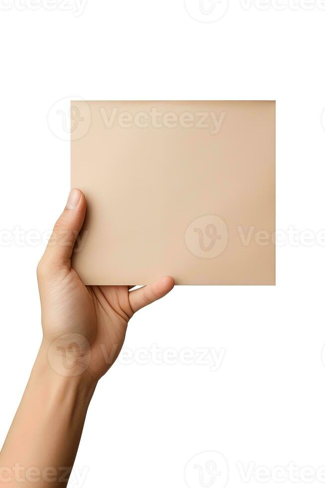 A human hand holding a blank sheet of beige paper or card isolated on a white background. ai generated photo