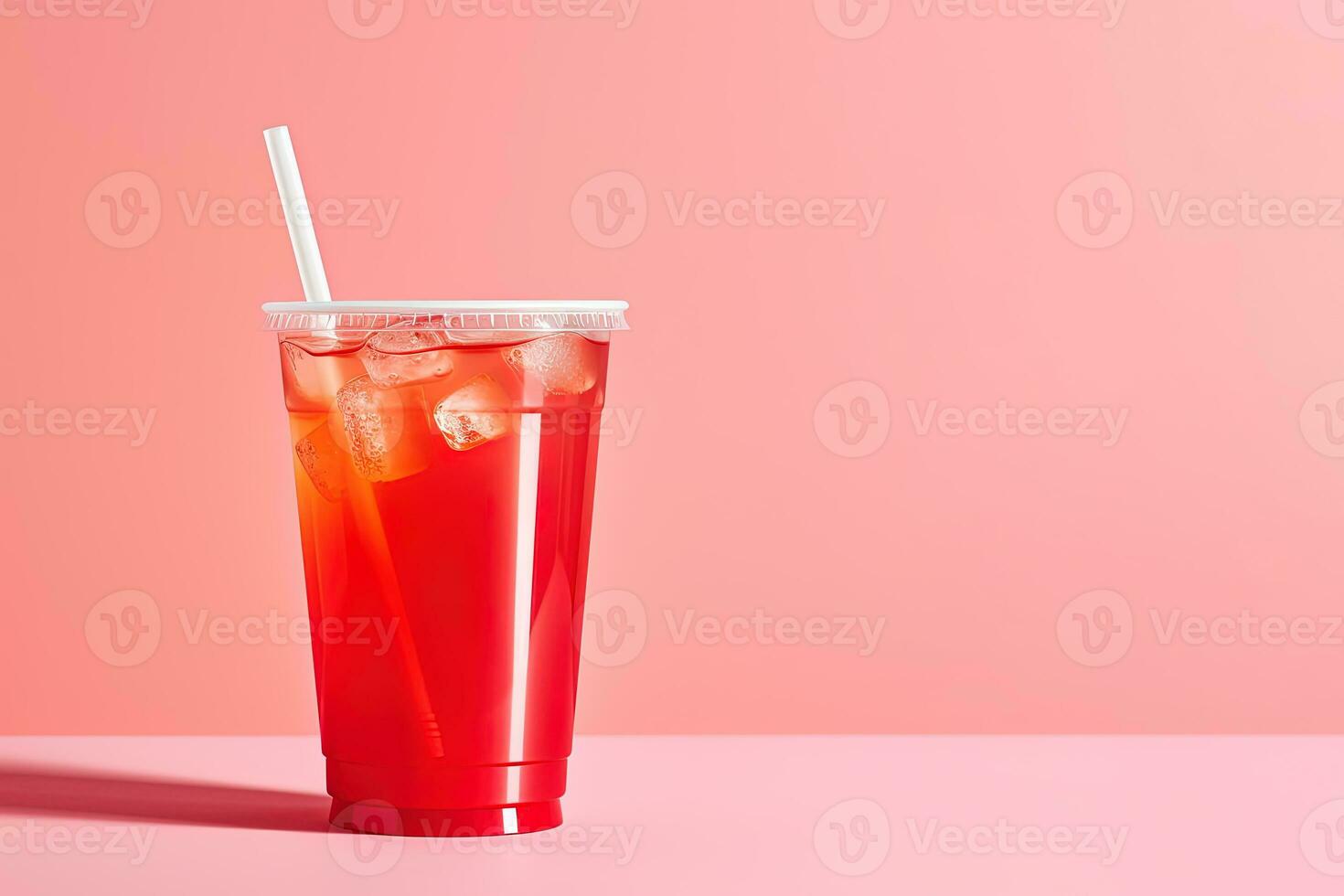 Red drink in a plastic cup isolated on a red pastel background. Take away drinks concept with copy space. ai generated photo