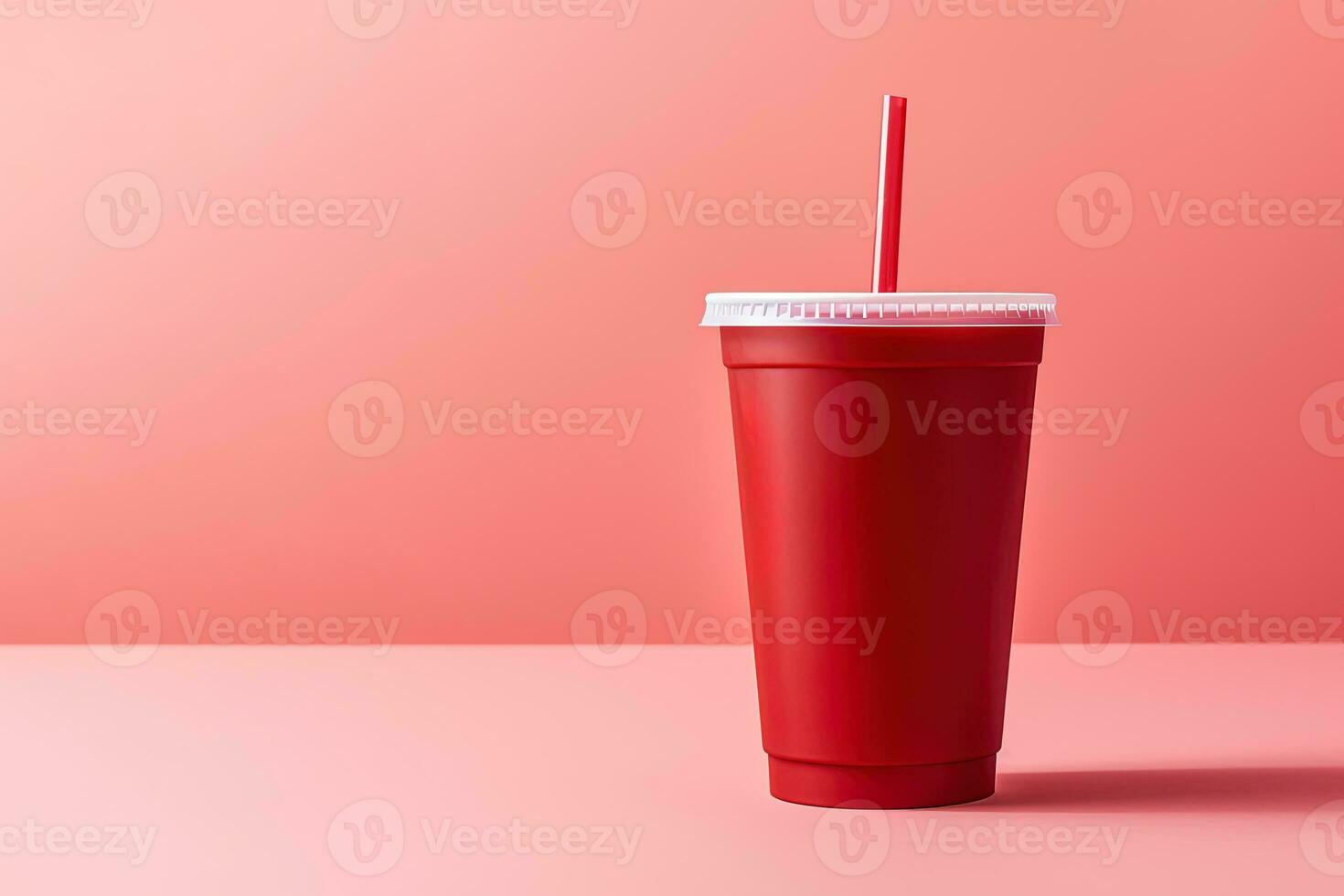 Red drink in a plastic cup isolated on a red pastel background. Take away drinks concept with copy space. ai generated photo