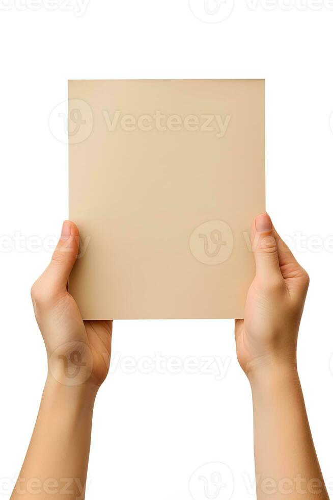 A human hand holding a blank sheet of beige paper or card isolated on a white background. ai generated photo