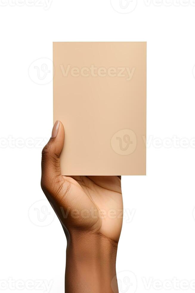 A human hand holding a blank sheet of beige paper or card isolated on a white background. ai generated photo