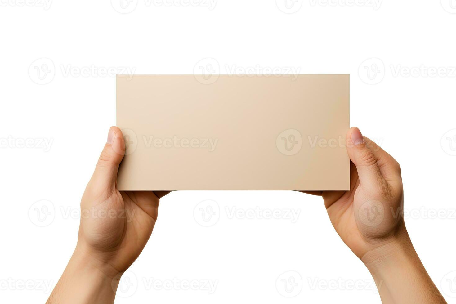 A human hand holding a blank sheet of beige paper or card isolated on a white background. ai generated photo