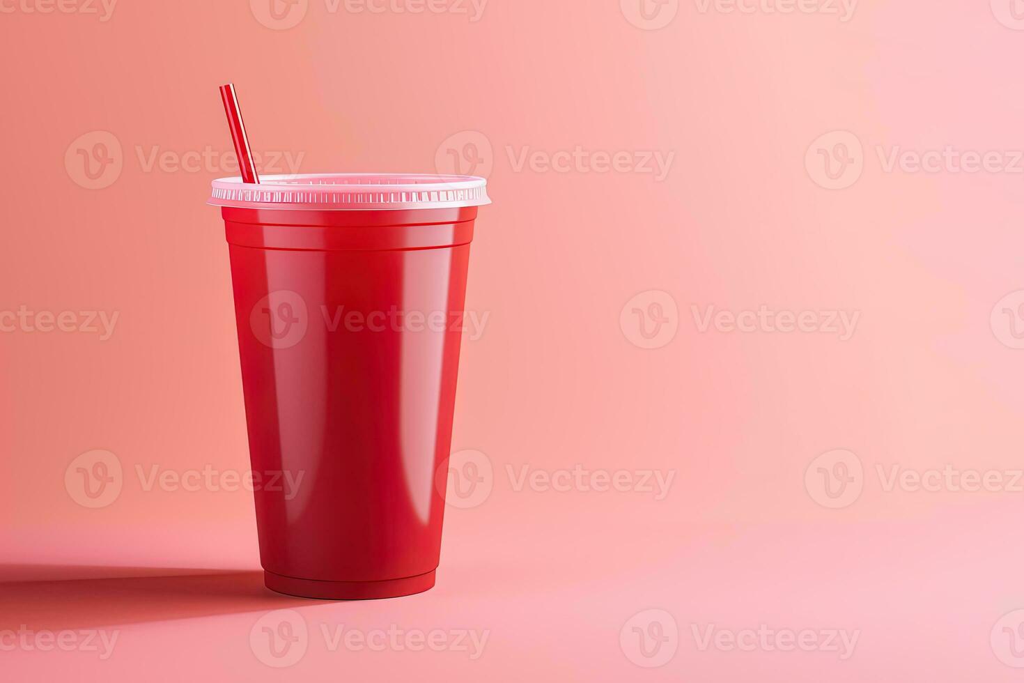 Red drink in a plastic cup isolated on a red pastel background. Take away drinks concept with copy space. ai generated photo
