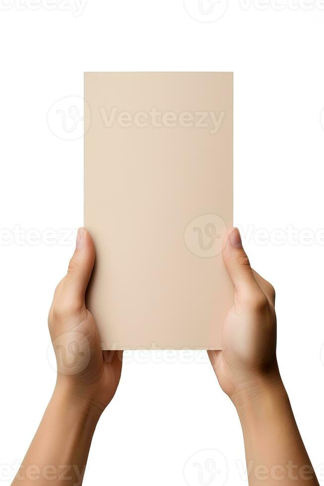 A human hand holding a blank sheet of beige paper or card isolated on a white background. ai generated photo