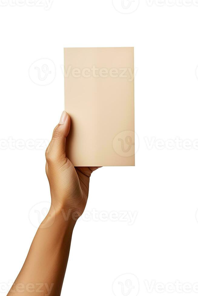 A human hand holding a blank sheet of beige paper or card isolated on a white background. ai generated photo