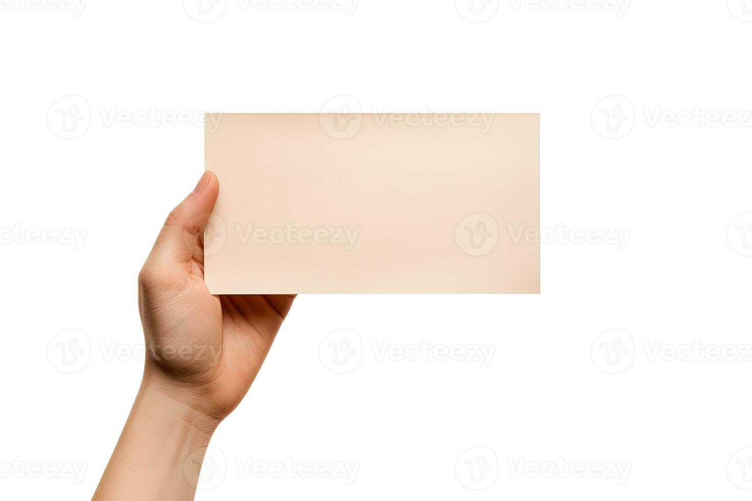 A human hand holding a blank sheet of beige paper or card isolated on a white background. ai generated photo