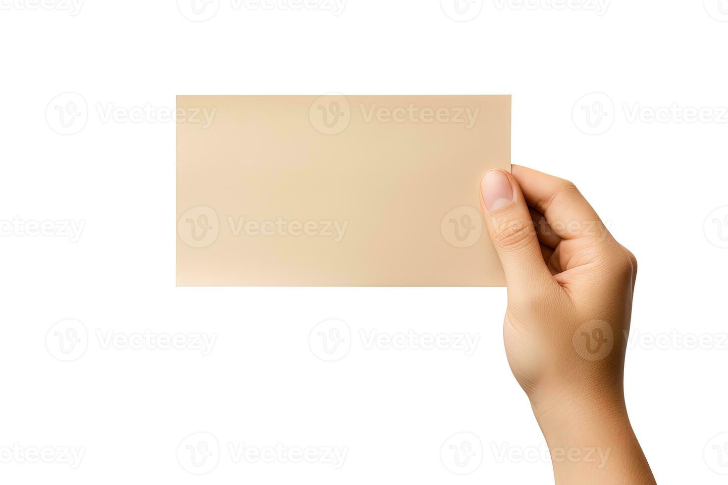 A human hand holding a blank sheet of beige paper or card isolated on a white background. ai generated photo