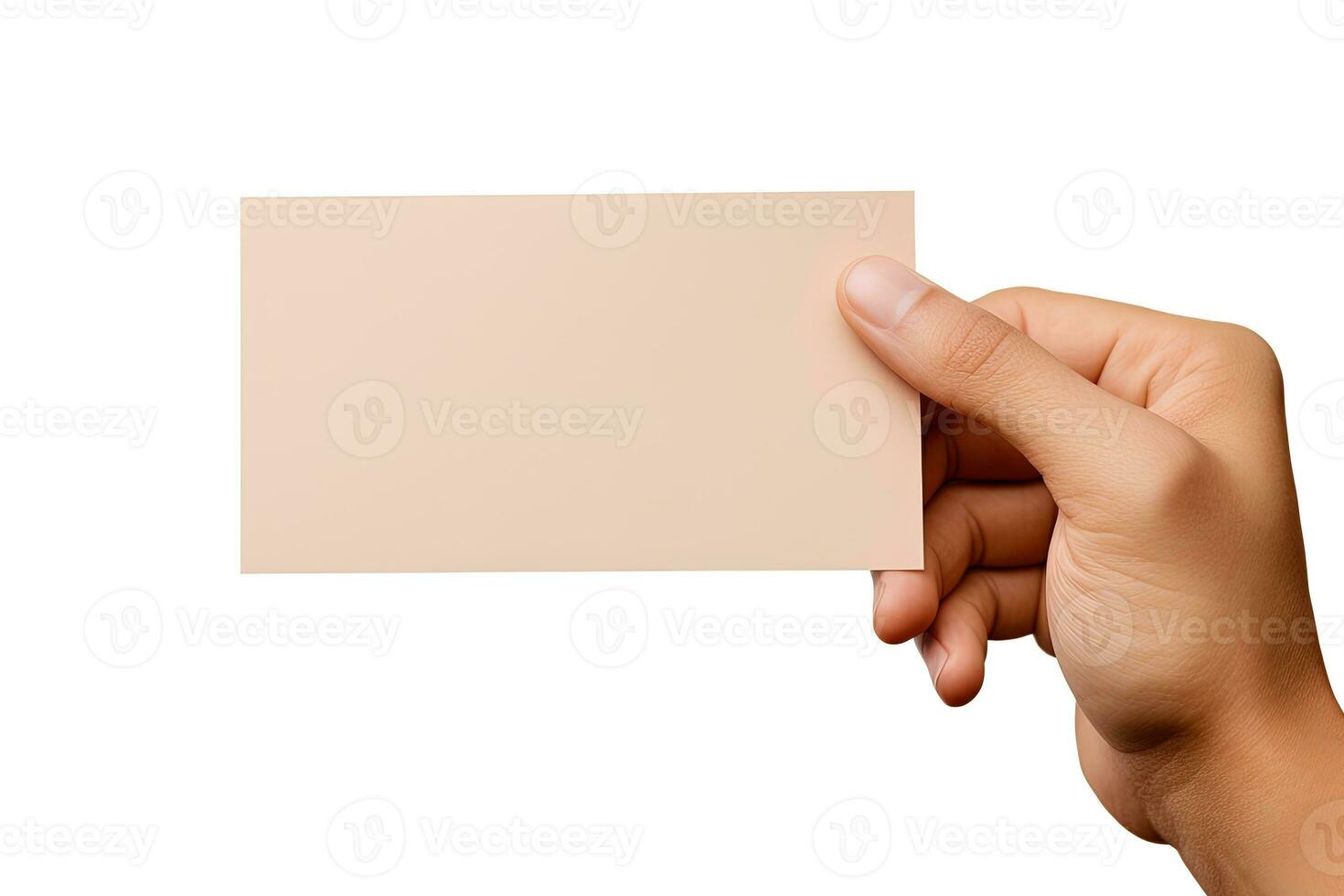 A human hand holding a blank sheet of beige paper or card isolated on a white background. ai generated photo