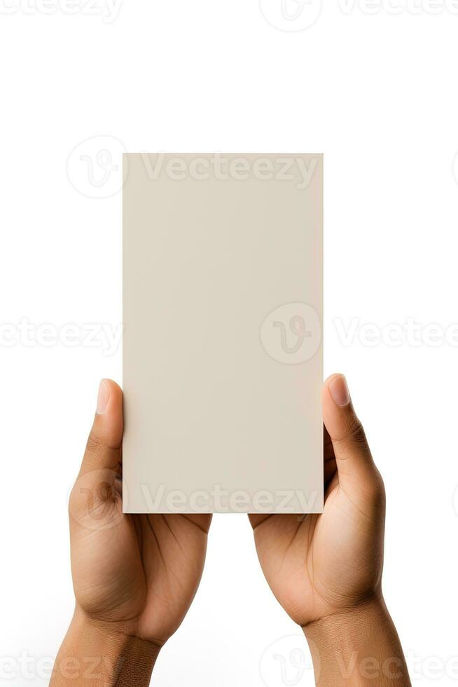 A human hand holding a blank sheet of beige paper or card isolated on a white background. ai generated photo