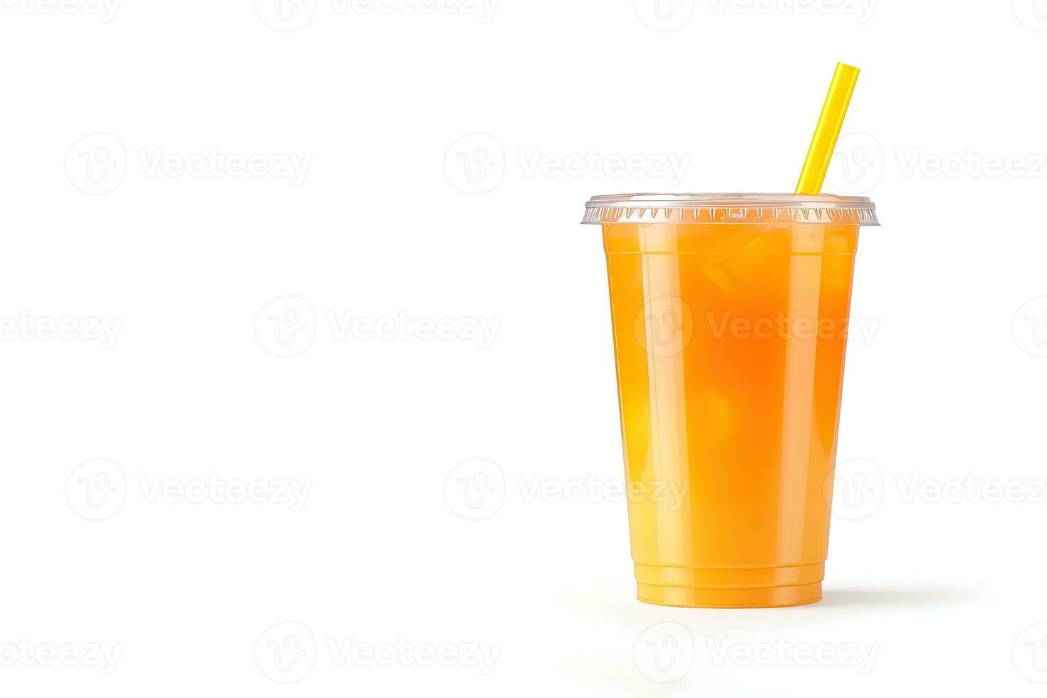 Orange color drink in a plastic cup isolated on a white background. Take away drinks concept with copy space. ai generated photo