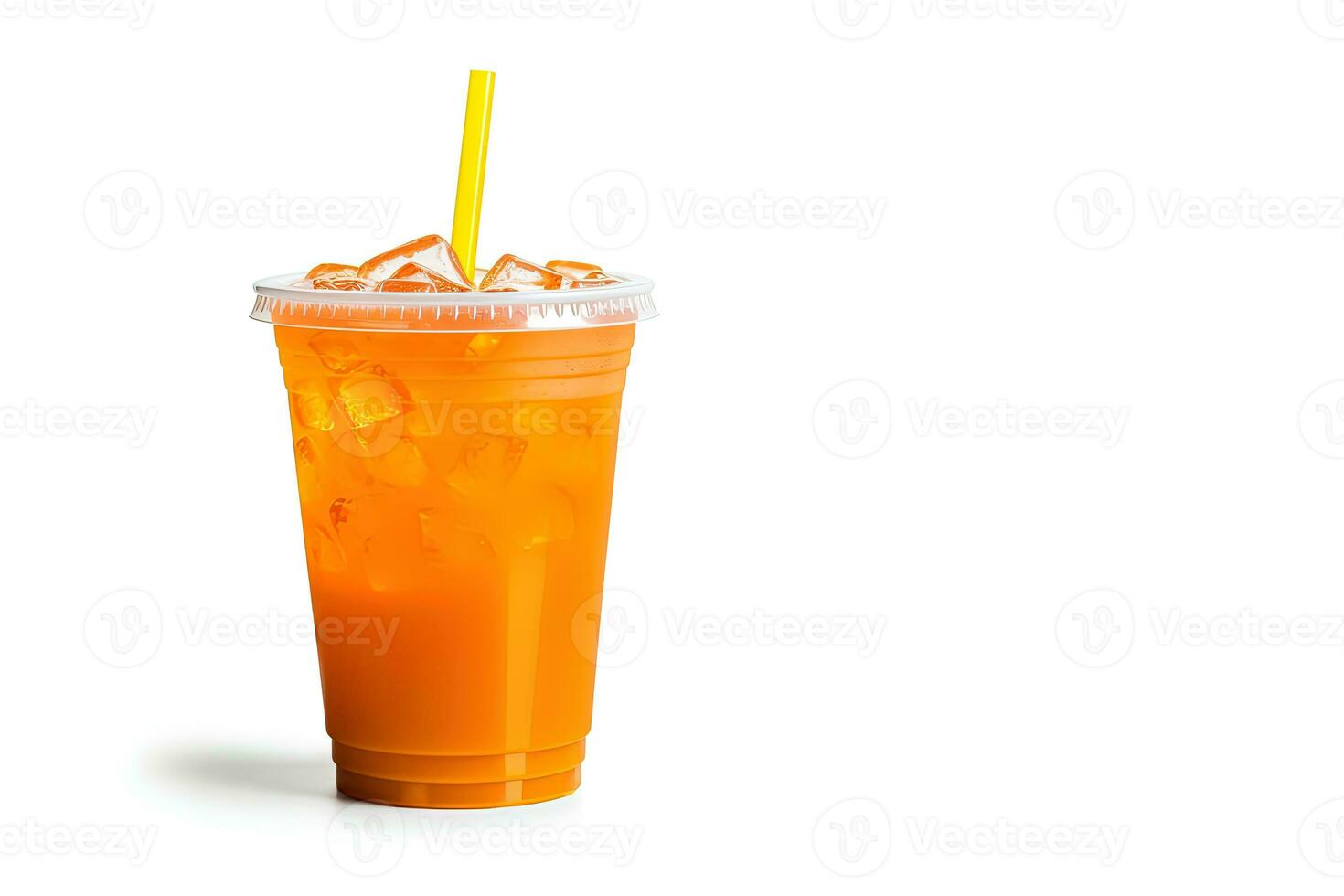 Orange color drink in a plastic cup isolated on a white background. Take away drinks concept with copy space. ai generated photo