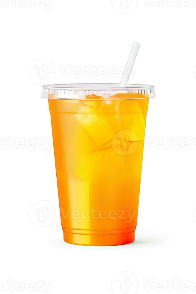 Orange color drink in a plastic cup isolated on a white background. Take away drinks concept. ai generated photo