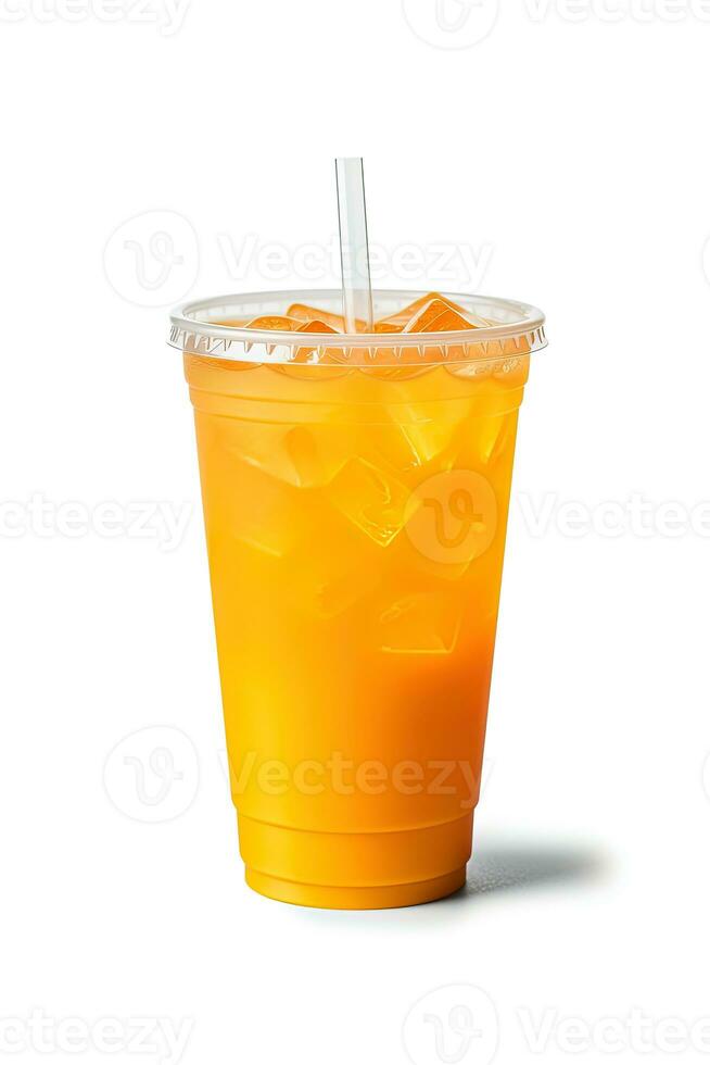 Orange color drink in a plastic cup isolated on a white background. Take away drinks concept. ai generated photo
