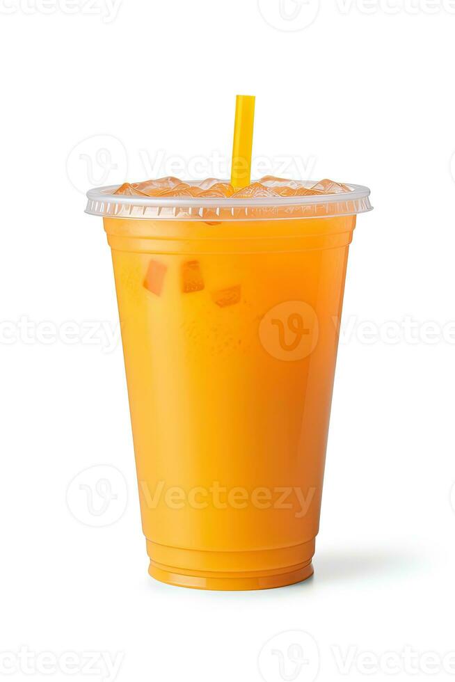 naranja color bebida en un el plastico taza aislado en un blanco antecedentes. tomar lejos bebidas concepto. ai generado foto