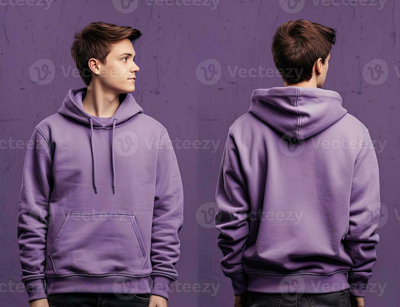 Front and back view of a purple hoodie mockup for design print. ai generated photo