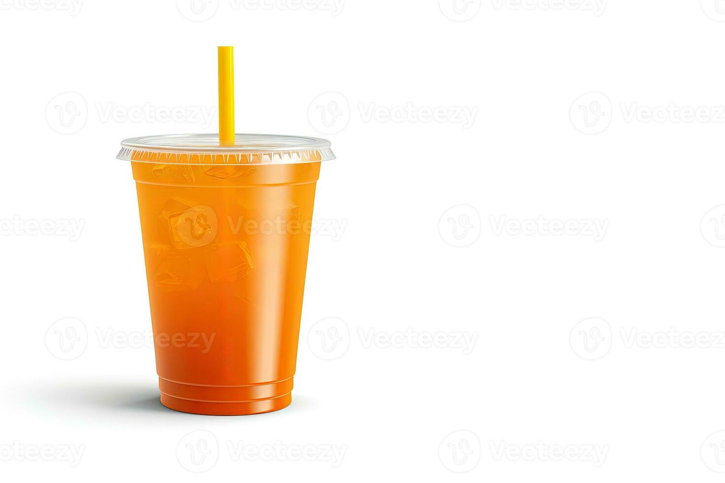 naranja color bebida en un el plastico taza aislado en un blanco antecedentes. tomar lejos bebidas concepto con Copiar espacio. ai generado foto