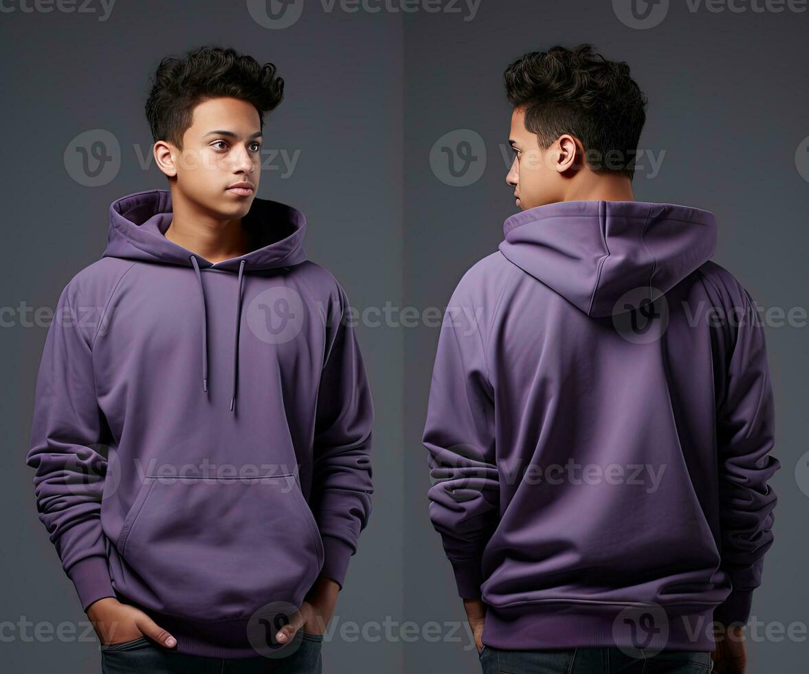 Front and back view of a purple hoodie mockup for design print. ai generated photo