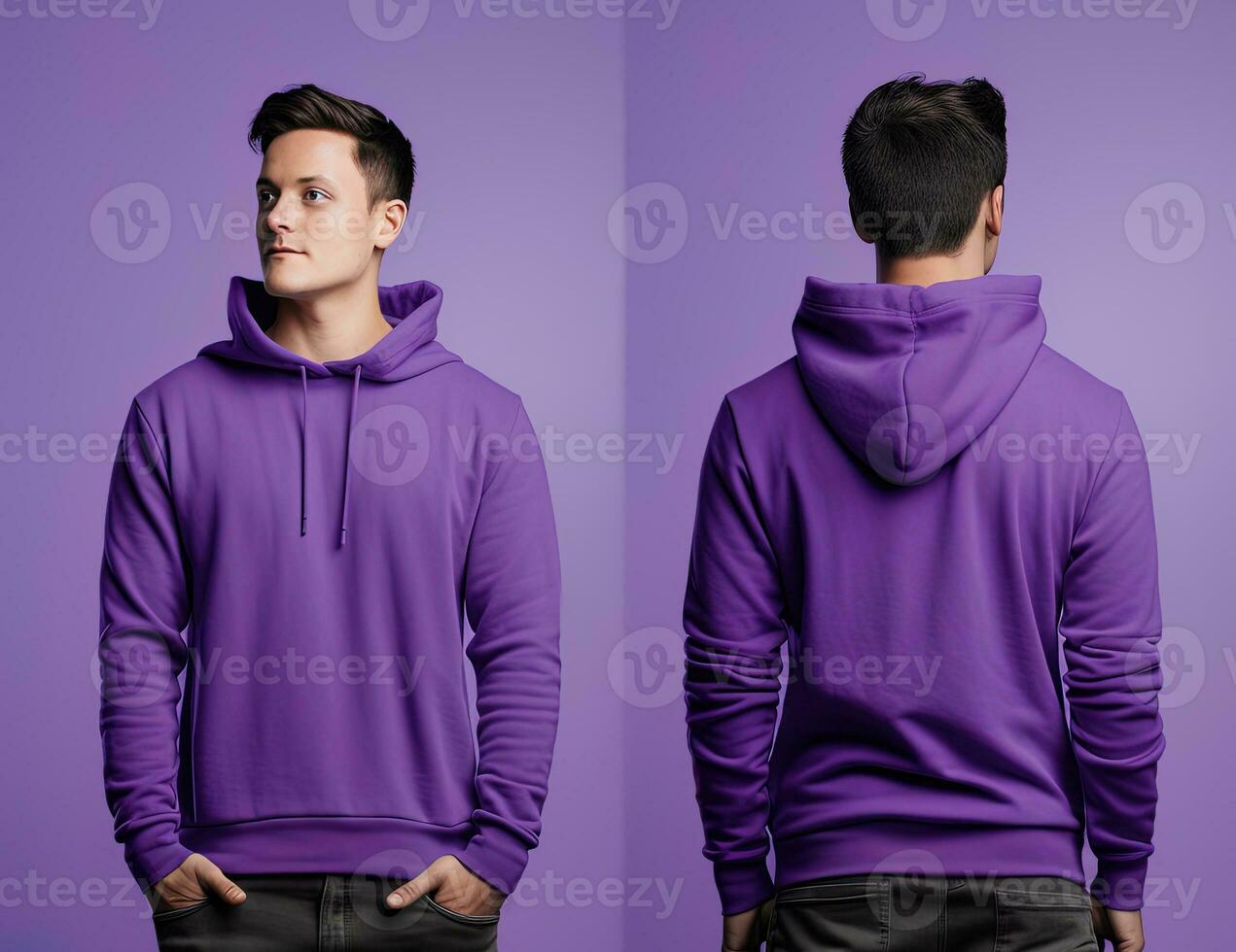 Front and back view of a purple hoodie mockup for design print. ai generated photo