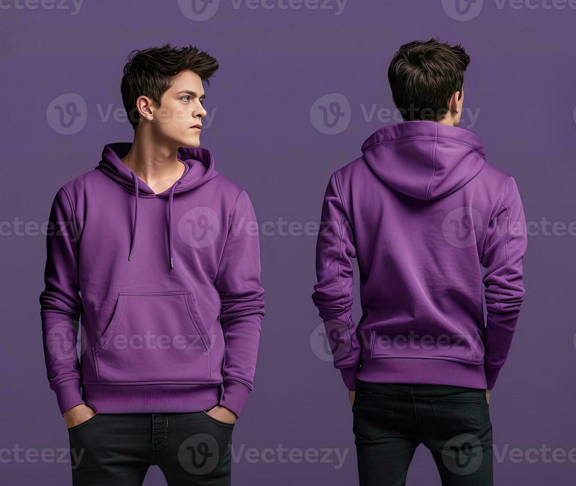 Front and back view of a purple hoodie mockup for design print. ai generated photo