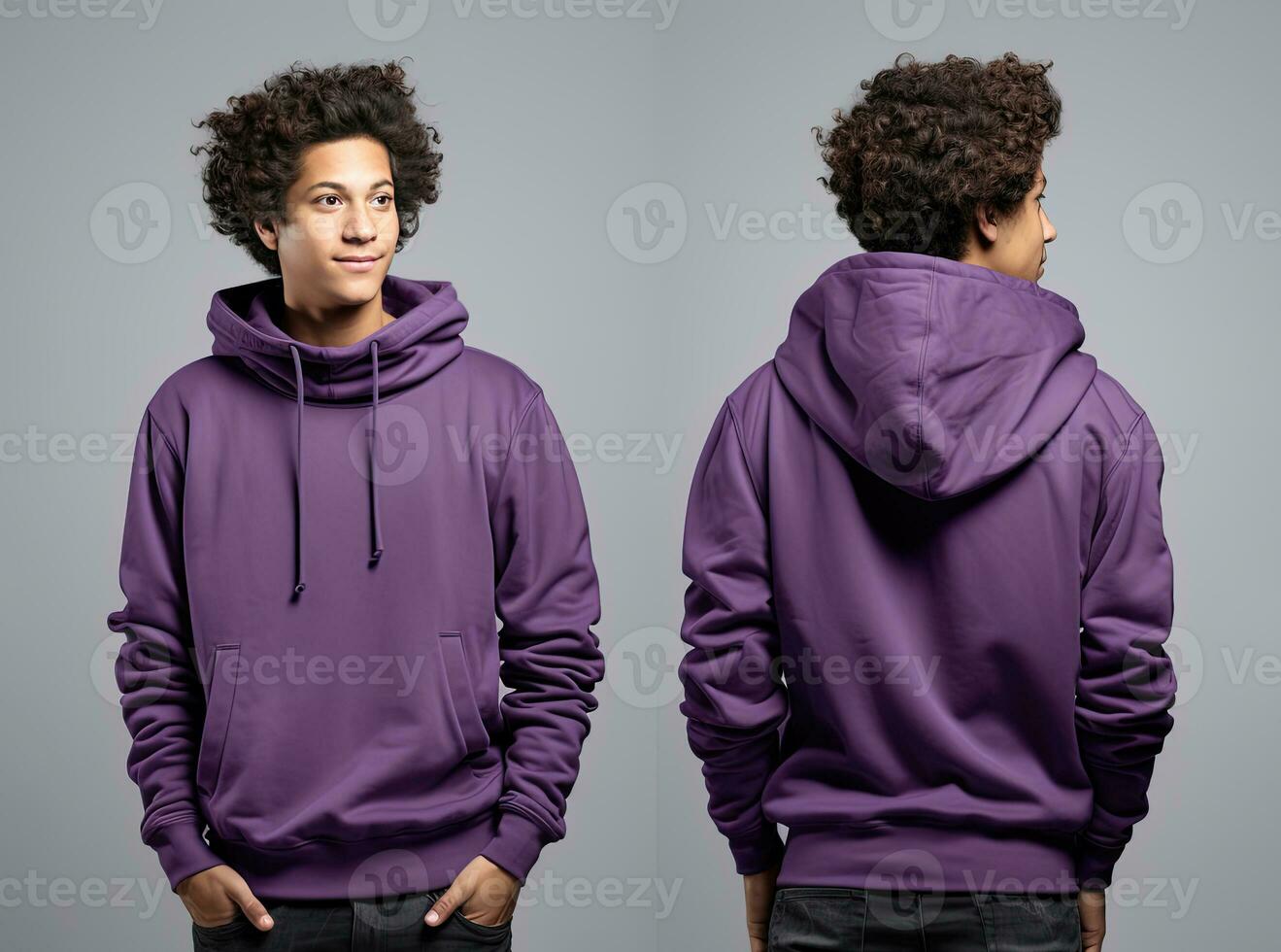 Front and back view of a purple hoodie mockup for design print. ai generated photo